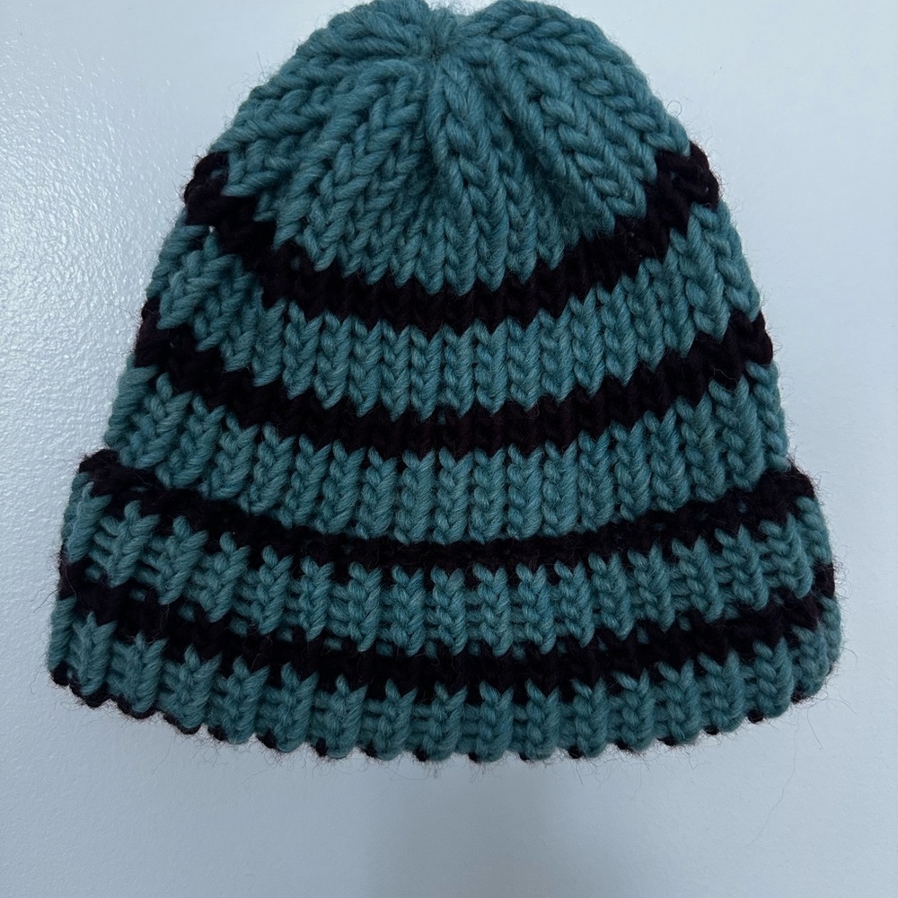 Cozy handmade Striped Knit Beanie - aqua and dark grape